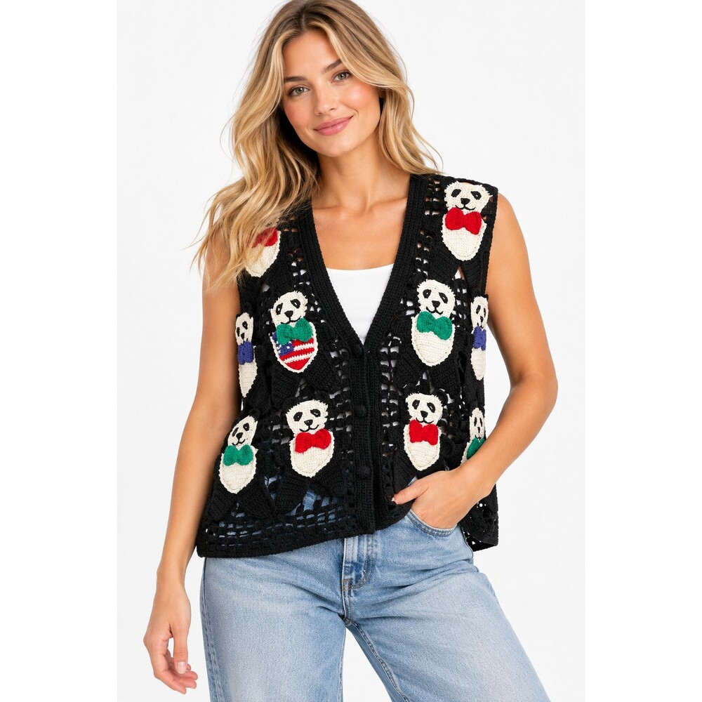 Vintage Berek 2 Panda Crochet Sleeveless Sweater Small Medium Button Front 90's